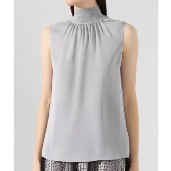 Theory Tops - Theory Womens Light Gray 100% Silk Ribbed Mock Neck Sleeveless Shell Top Small